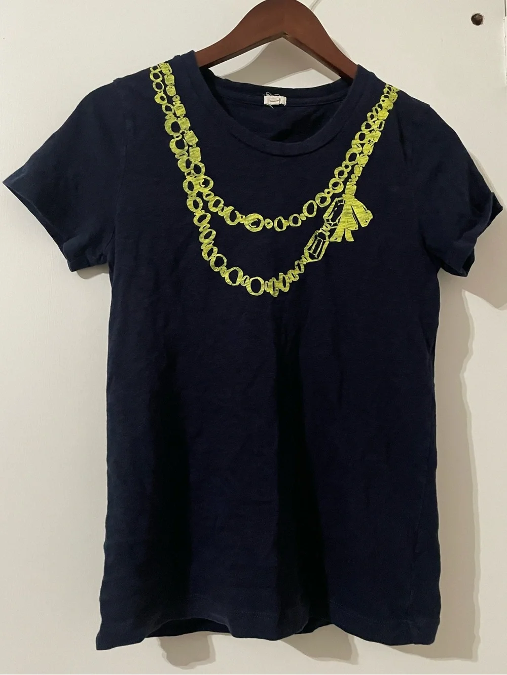 J. Crew Navy Blue Graphic Chain Necklace T-Shirt Size Small | Short Sleeve Tee